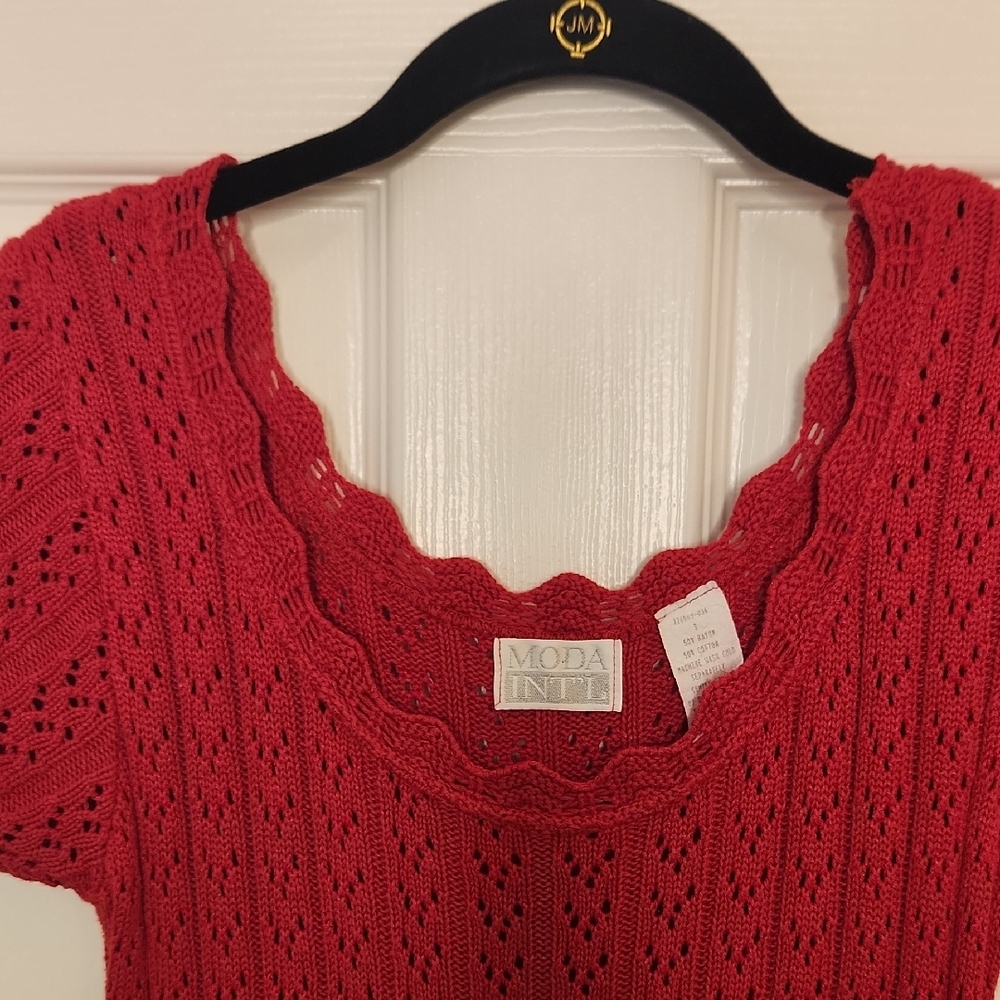 VTG MODA INT'L Red Knit Short Sleeve Scalloped Neckline Midi Dress Size S - Picture 4 of 15